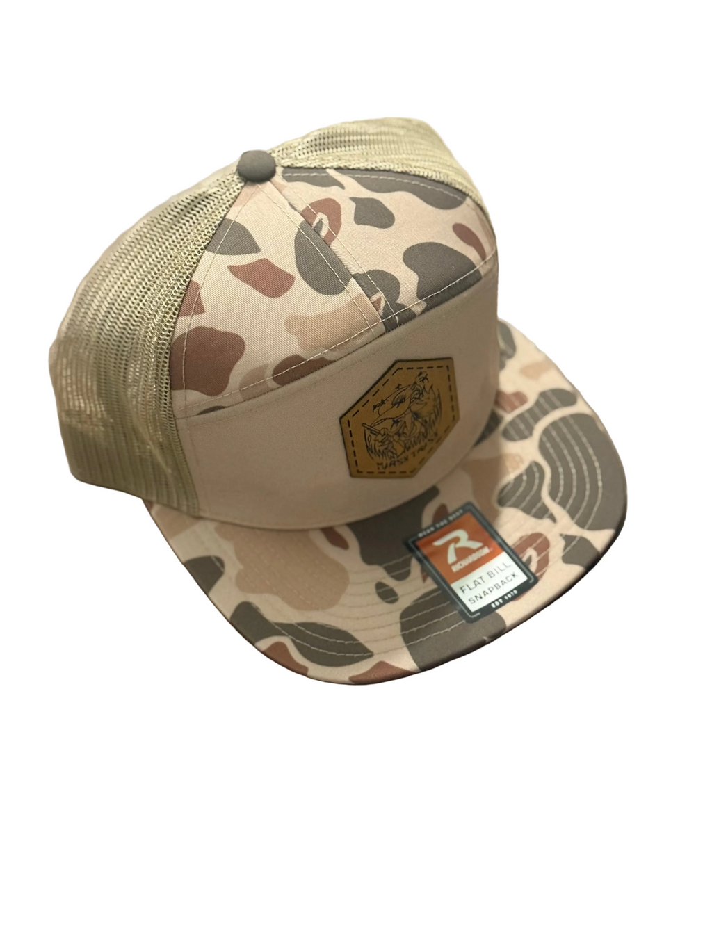 Richardson 7-Panel Snap Back Harvest Camo leather logo