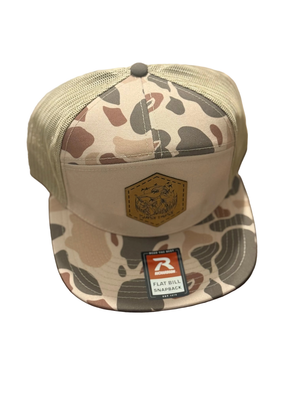 Richardson 7-Panel Snap Back Harvest Camo leather logo