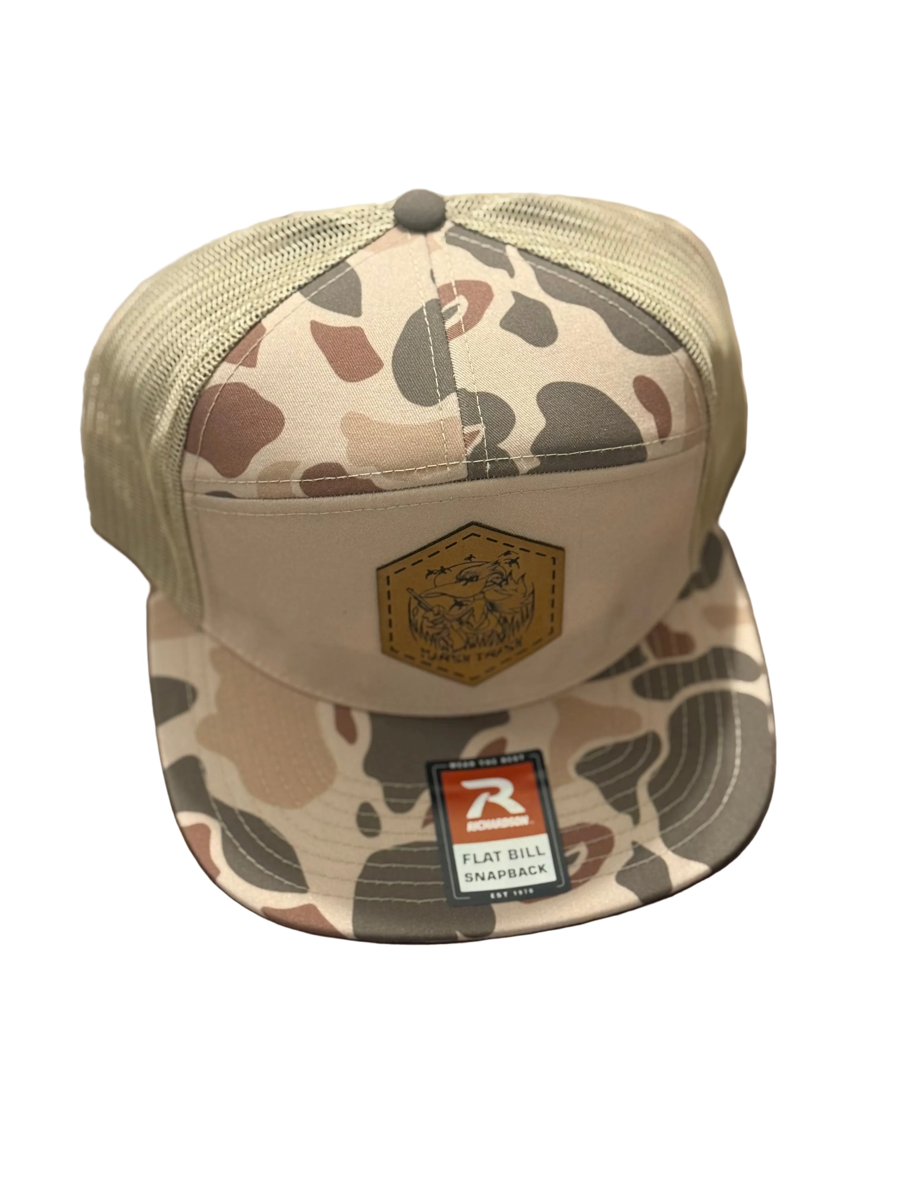 Richardson 7-Panel Snap Back Harvest Camo leather logo